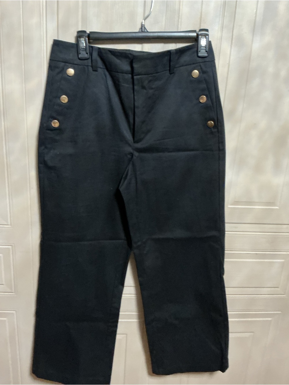 Brand Women Ann Taylor The Slim Wide Leg Crop Pant Black Exposed Button Size 4